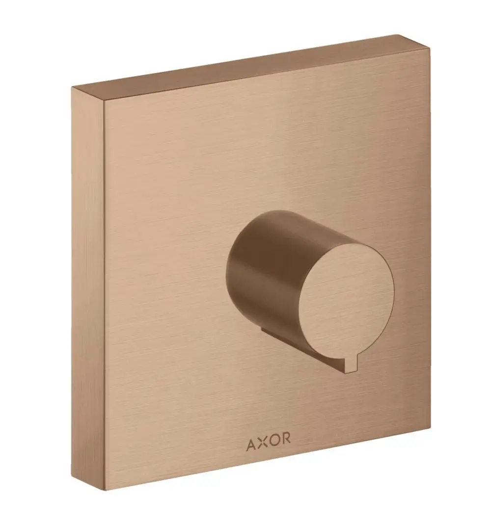 AXOR Unterputz Absperrventil in rechteckiger Form und gebürstetem Rotgold-Finish, mit runder Steuerknopf-Element und minimalistischer Optik.